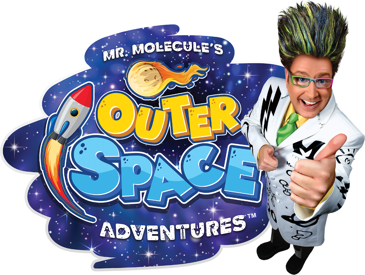 Mr. Molecule's Outer Space Adventures showing a scientist giving a thumbs up and a space ship